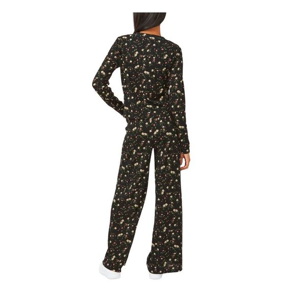 RILEY&RAE Tops - RILEY&RAE Womens Black Stretch Ribbed Floral Long Sleeve V Neck Button Up Top L